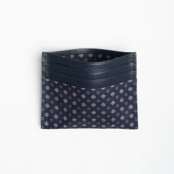 Dark Blue Silk And Leather Credit Card Holder 5 Compartments