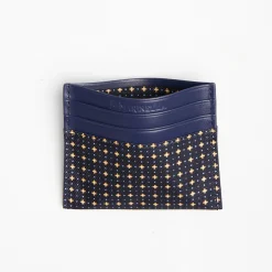Dark Blue Silk And Leather Credit Card Holder 5 Compartments