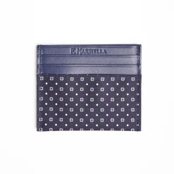 Dark Blue Silk And Leather Credit Card Holder - 5 Compartments