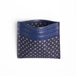 Dark Blue Silk And Leather Credit Card Holder - 5 Compartments