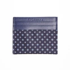 Dark Blue Silk And Leather Credit Card Holder 5 Compartments