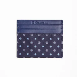 Dark Blue Silk And Leather Credit Card Holder 5 Compartments