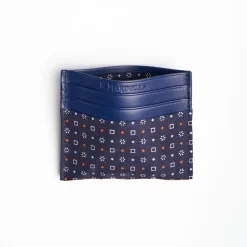Dark Blue Silk And Leather Credit Card Holder 5 Compartments