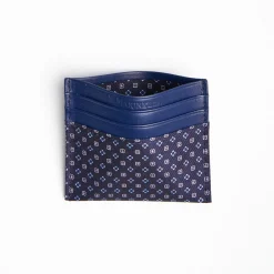 Dark Blue Silk And Leather Credit Card Holder 5 Compartments