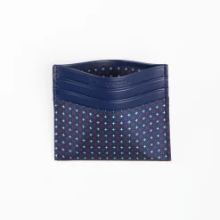 Dark Blue Silk And Leather Credit Card Holder - 5 Compartments