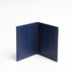 Dark Blue Silk And Leather Folding Card Holder - 10 Compartments