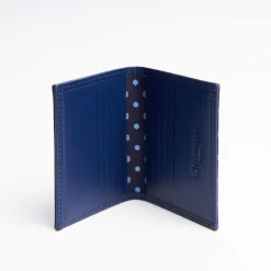 Dark Blue Silk And Leather Folding Card Holder - 10 Compartments