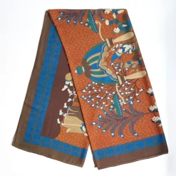 Dark Brown And Orange Wide Wool Scarf - Arabesque Pattern