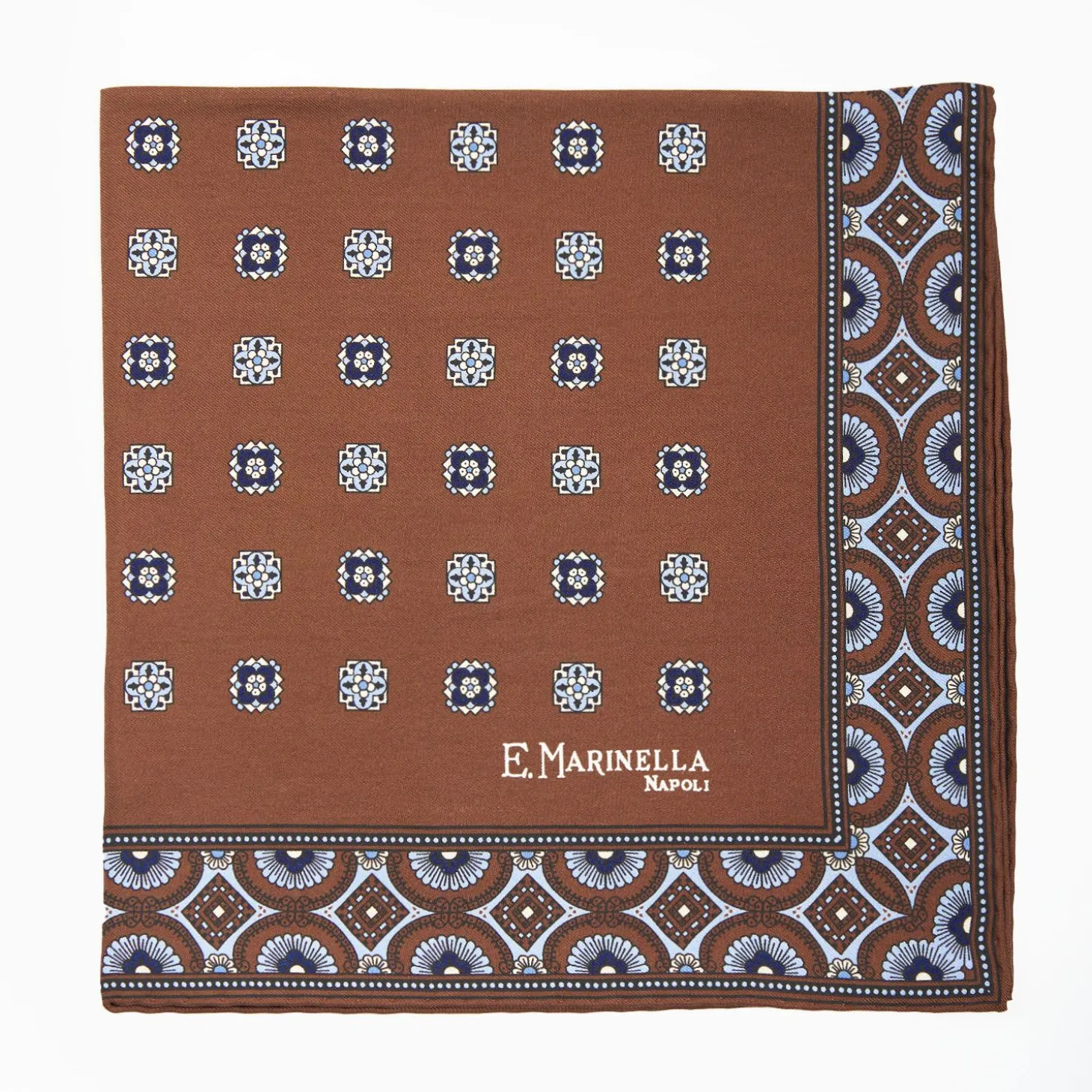 Dark Brown Hand-Printed Silk Pocket Square Large Flower Pattern
