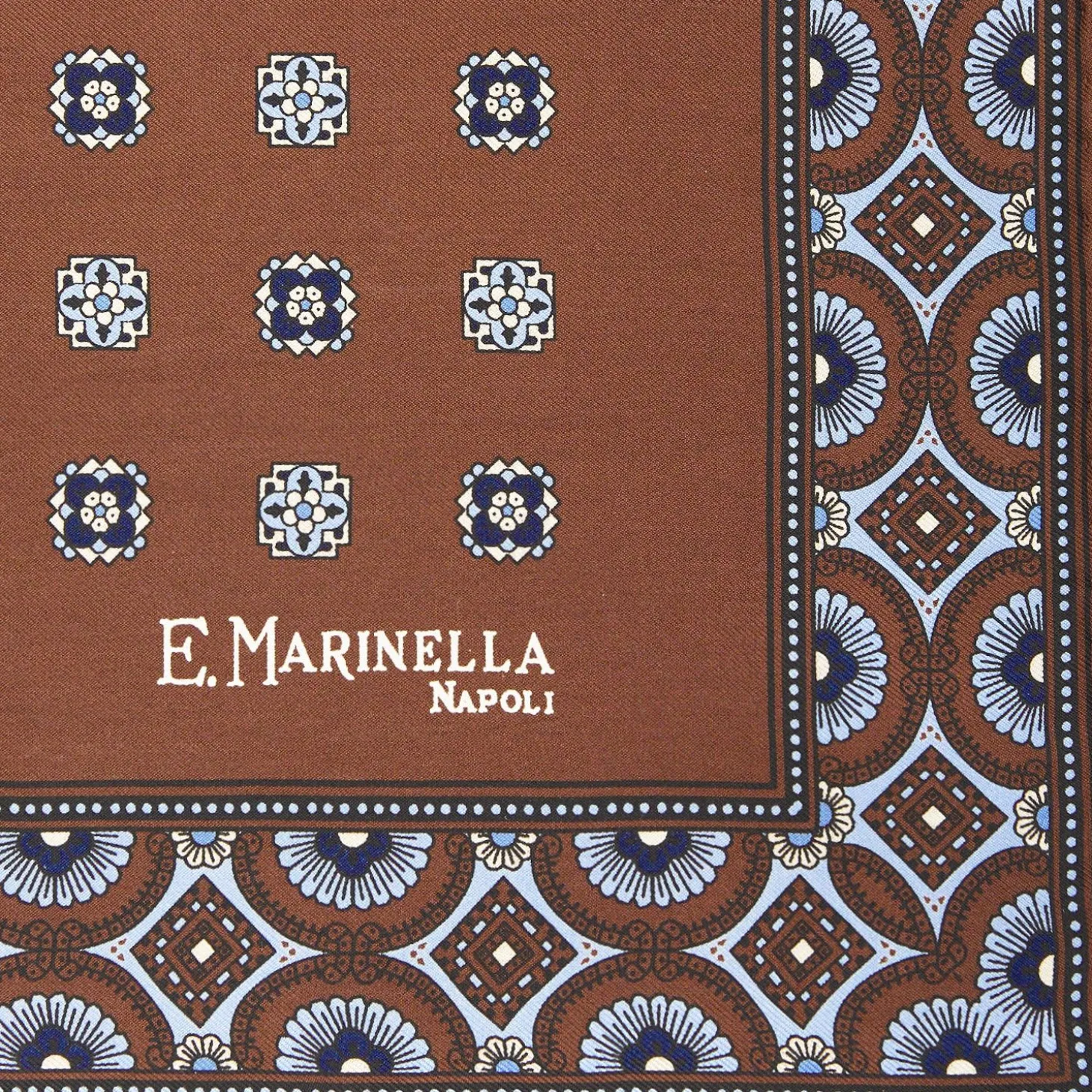 Dark Brown Hand-Printed Silk Pocket Square Large Flower Pattern