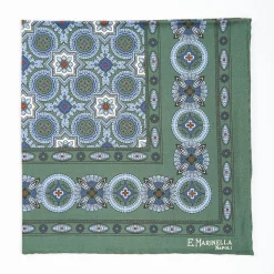 Dark Green Hand-Printed Silk Pocket Square - Large Flower Pattern