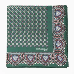 Dark Green Hand-Printed Silk Pocket Square Small Flower Pattern