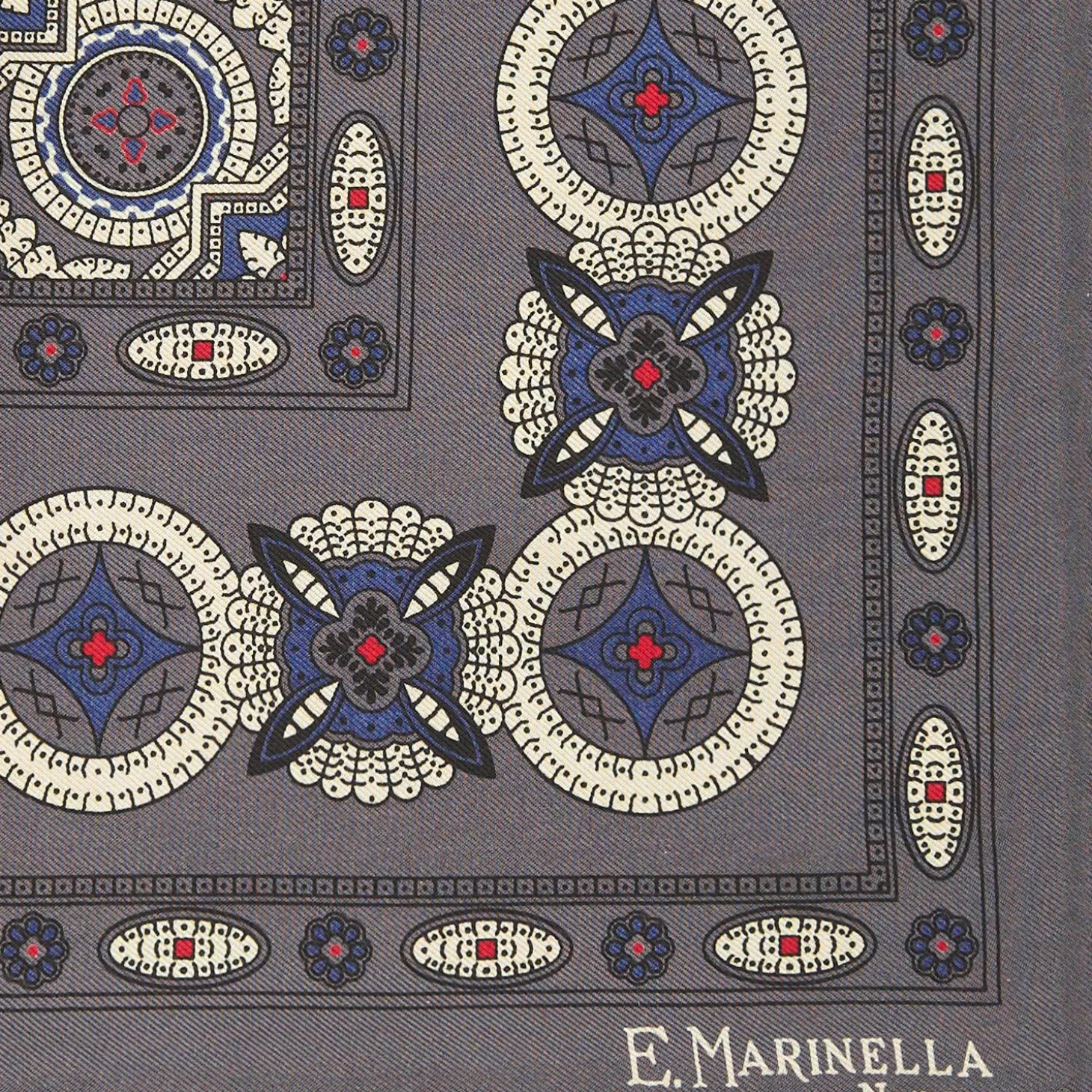 Dark Grey Hand-Printed Silk Pocket Square Large Flower Pattern