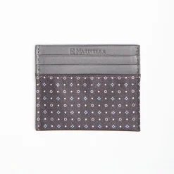Dark Grey Leather And Silk Credit Card Holder - 5 Compartments