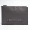 Dark Grey Leather Portfolio With Strap