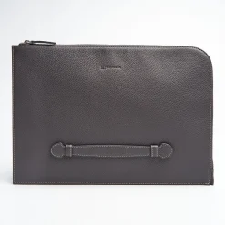 Dark Grey Leather Portfolio With Strap