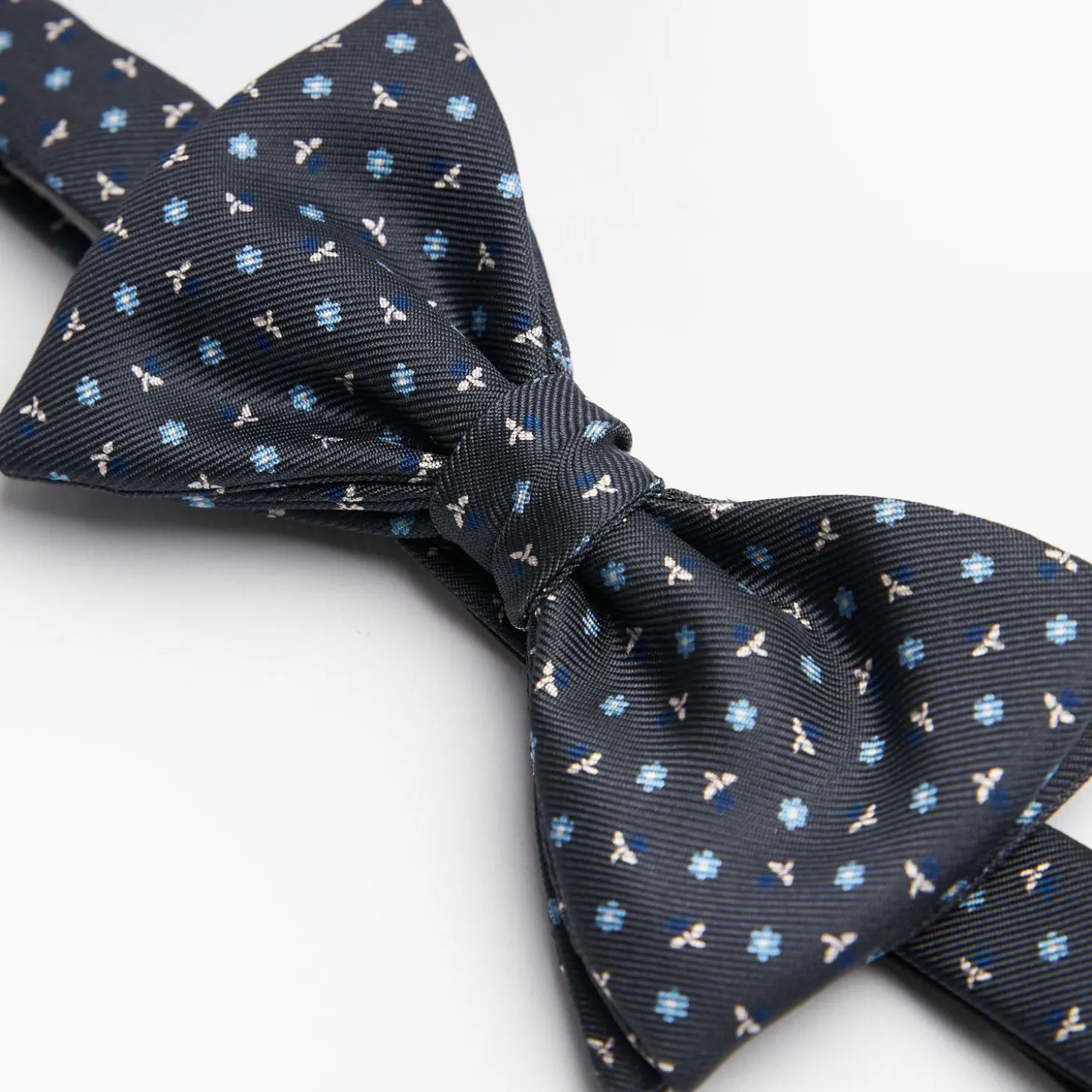 Dark Grey Pre-Knotted Silk Bowtie - Small Flower Pattern