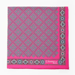 Fuchsia Hand-Printed Silk Pocket Square Large Flower Pattern