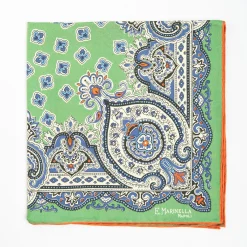 Green Hand-Printed Silk Pocket Square - Large Flower Pattern