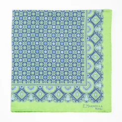 Green Hand-Printed Silk Pocket Square - Small Flower Pattern
