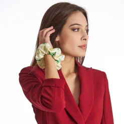 Green Silk Scrunchie - Floral Pattern