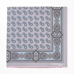 Grey Hand-Printed Silk Pocket Square - Paisley Pattern