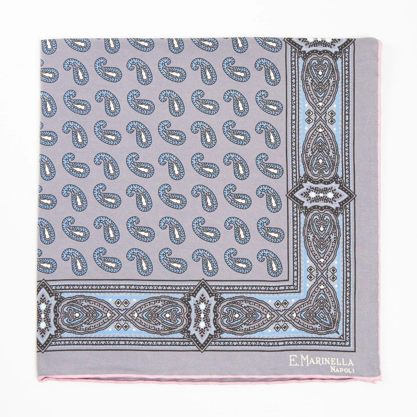 Grey Hand-Printed Silk Pocket Square - Paisley Pattern