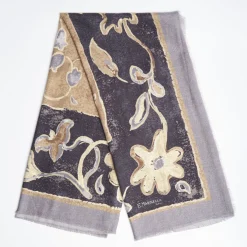 Grey Wool And Silk Stole With Pastel Flower Design