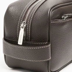 Hammered Leather Toiletry Bag In Dark Brown