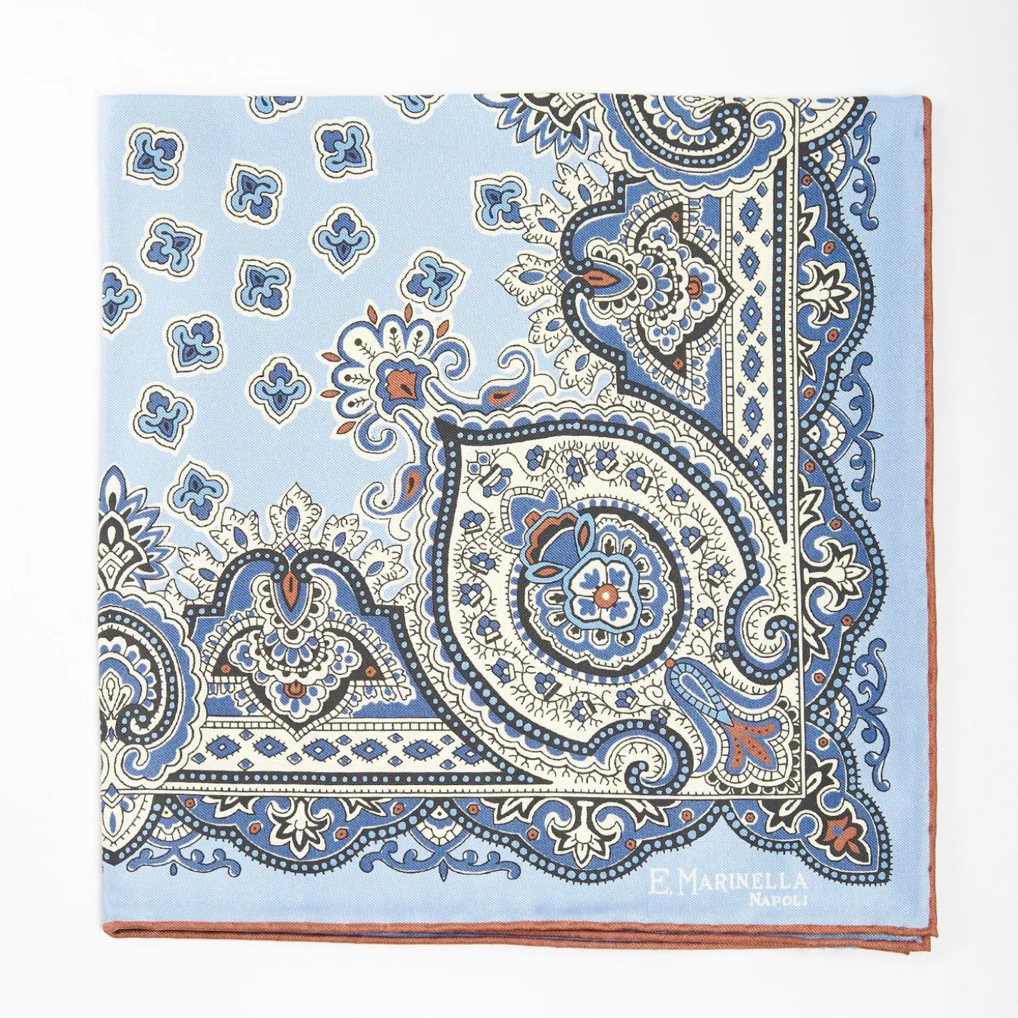 Light Blue Hand-Printed Silk Pocket Square - Large Flower Pattern