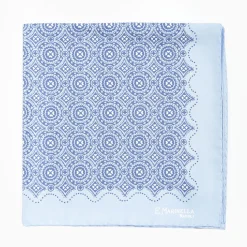 Light Blue Hand-Printed Silk Pocket Square Large Flower Pattern
