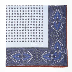 Light Blue Hand-Printed Silk Pocket Square Small Flower Pattern