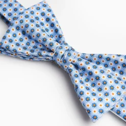 Light Blue Pre-Knotted Silk Bowtie - Small Flower Pattern