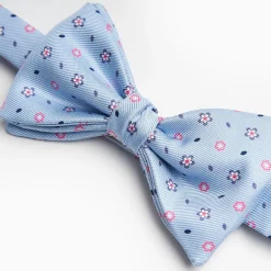 Light Blue Pre-Knotted Silk Bowtie - Small Flower Pattern