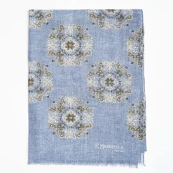 Light Blue Wool Stole With Floral Decorations