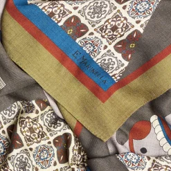 Light Green And Gray Wide Wool Scarf - Ethnic Pattern