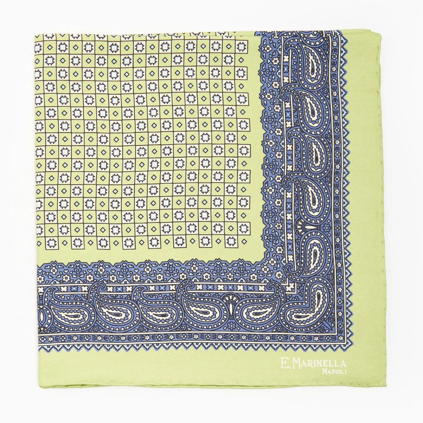 Light Green Hand-Printed Silk Pocket Square Large Flower Pattern