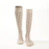 Long Beige Cotton Socks - Small Flower Pattern