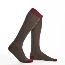 Long Bicolor Brown And Burgundy Cotton Socks - Solid Color