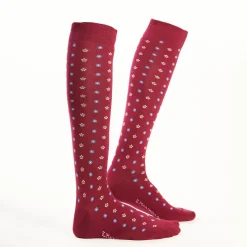 Long Burgundy Cotton Socks - Small Flower Pattern