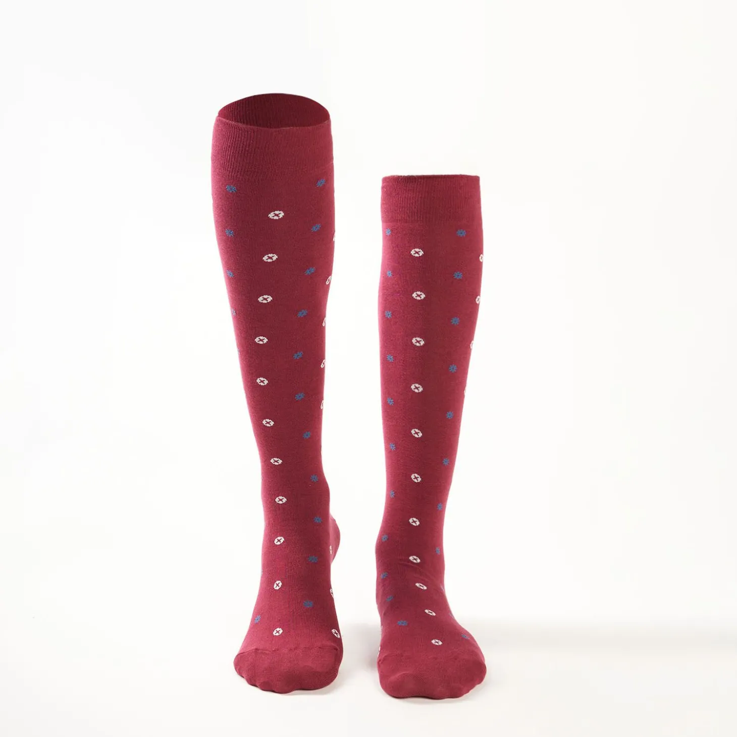 Long Burgundy Cotton Socks - Small Flower Pattern