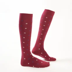 Long Burgundy Cotton Socks - Small Flower Pattern