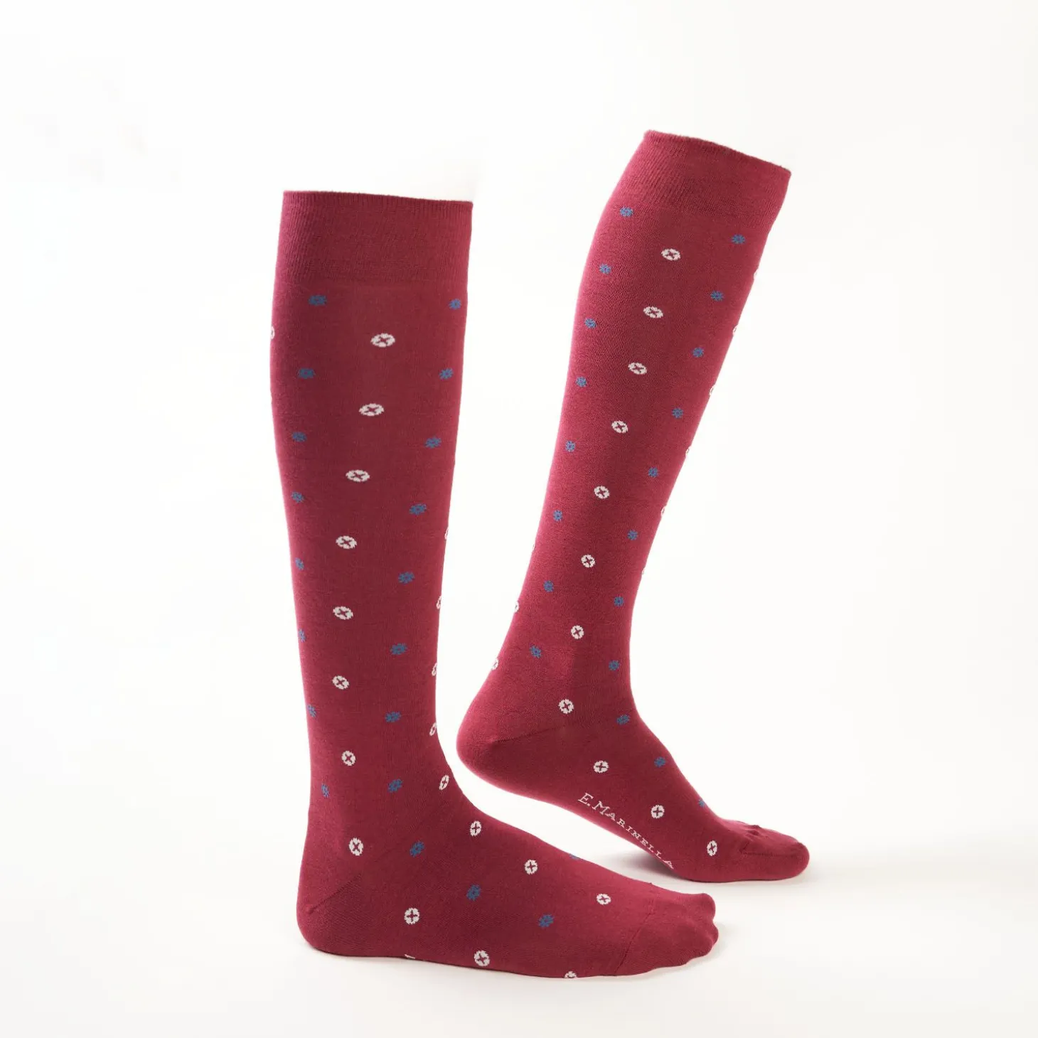 Long Burgundy Cotton Socks - Small Flower Pattern