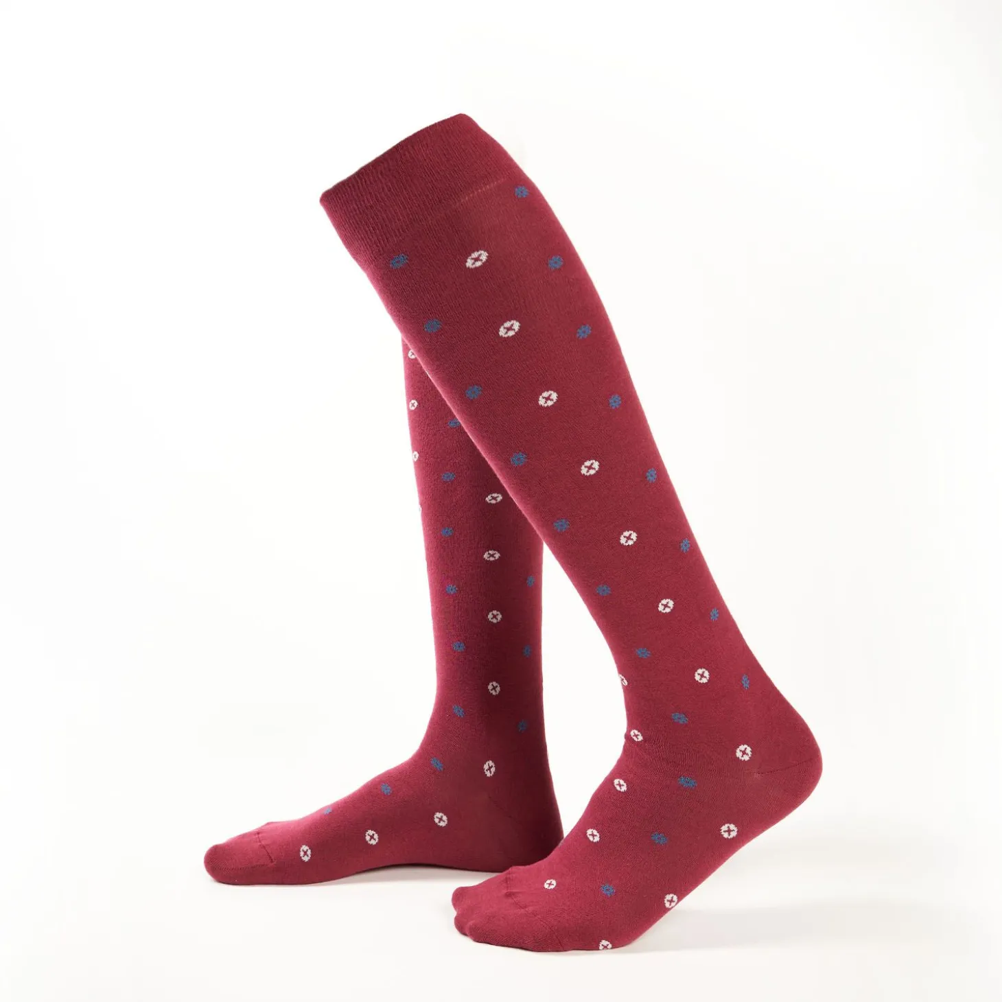 Long Burgundy Cotton Socks - Small Flower Pattern