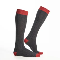 Long Grey And Red Bicolor Cotton Socks - Solid Color