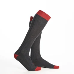 Long Grey And Red Bicolor Cotton Socks - Solid Color