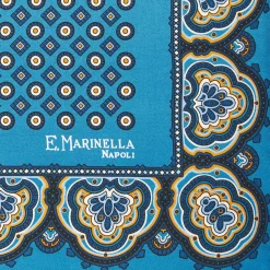 Mid Blue Hand-Printed Silk Pocket Square Large Flower Pattern