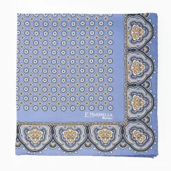 Mid Blue Hand-Printed Silk Pocket Square Small Flower Pattern