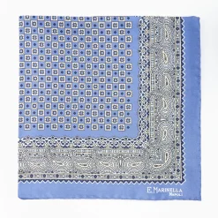 Mid Blue Hand-Printed Silk Pocket Square Small Flower Pattern