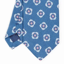 Mid Blue Sartorial Linen Tie - Large Flower Pattern